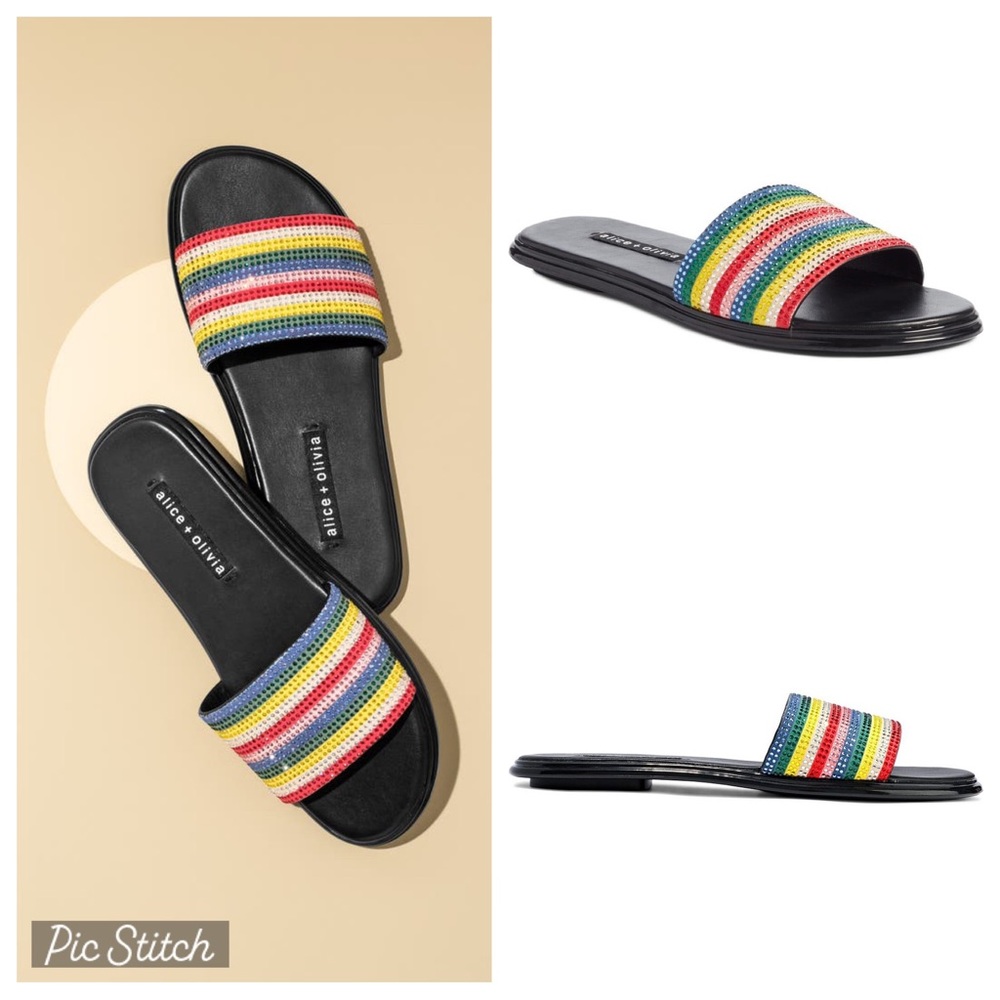 $175 Alice + Olivia Tami Crystal Striped Embellished Sandals Slides size 6